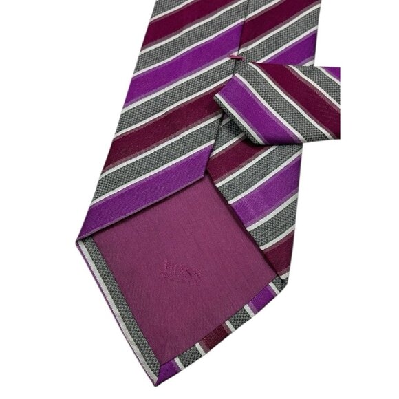 HUGO BOSS Men's 100% Silk Necktie LUXURY XL Purple Burgundy Striped W:3.5" EUC - Picture 4 of 4